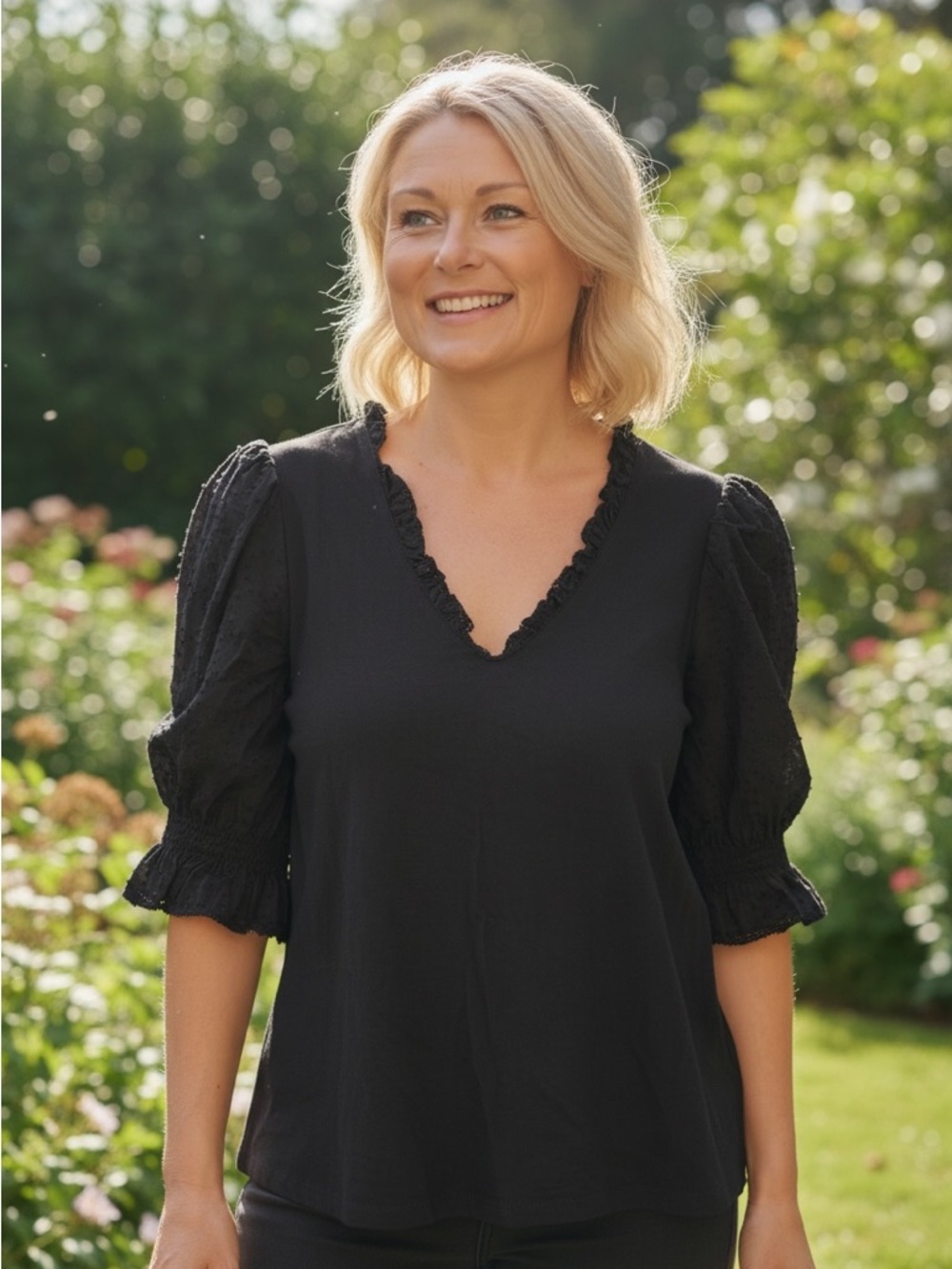 Design History Black Ruffle V-Neck Puff Sleeve Top